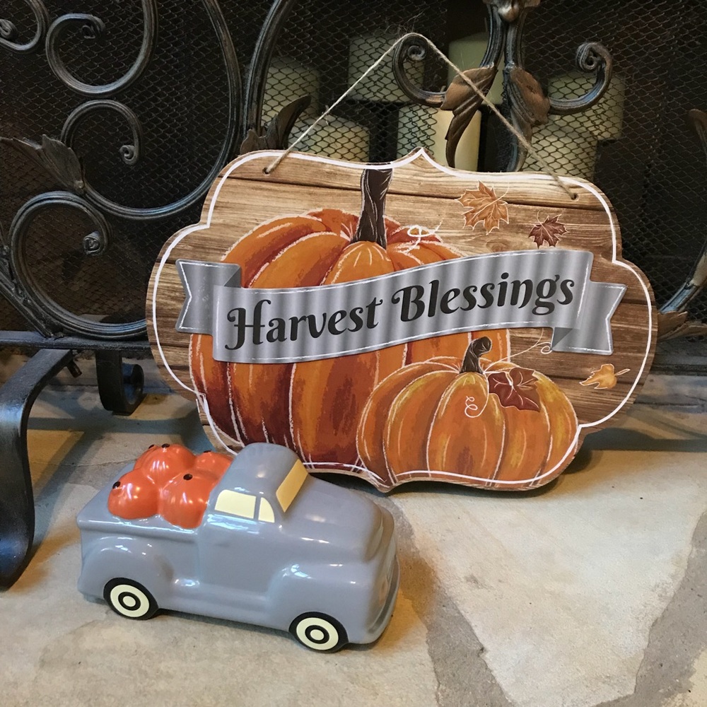 Ceramic Pickup Truck and Pumpkin Hanging Sign